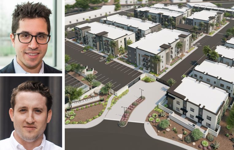 North River Partners' Jeff Rosenfeld (top) and Sean Roberston (bottom), and a rendering of a planned multifamily property at 8455 Grand Avenue in Peoria, Ariz.