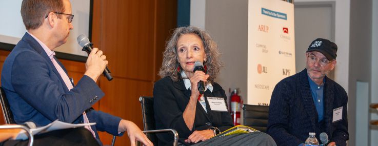 Mary Lou Aleskie (center) speaks as Joe Solway (left) and Craig Dykers (right) listen at the Commercial Observer National Higher Education Forum.