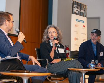 Mary Lou Aleskie (center) speaks as Joe Solway (left) and Craig Dykers (right) listen at the Commercial Observer National Higher Education Forum.