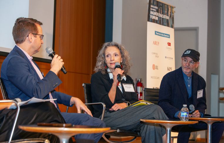 Mary Lou Aleskie (center) speaks as Joe Solway (left) and Craig Dykers (right) listen at the Commercial Observer National Higher Education Forum.