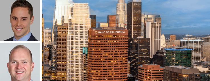 CBRE's Jonathan Dezzutti (top), Jacob Bobek (center), and Blake Mirkin (bottom), and a rendering of Banc of California's logo on 865 Figueroa Street in Los Angeles.