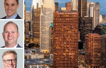 CBRE's Jonathan Dezzutti (top), Jacob Bobek (center), and Blake Mirkin (bottom), and a rendering of Banc of California's logo on 865 Figueroa Street in Los Angeles.