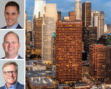 CBRE's Jonathan Dezzutti (top), Jacob Bobek (center), and Blake Mirkin (bottom), and a rendering of Banc of California's logo on 865 Figueroa Street in Los Angeles.