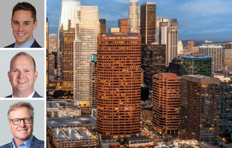 CBRE's Jonathan Dezzutti (top), Jacob Bobek (center), and Blake Mirkin (bottom), and a rendering of Banc of California's logo on 865 Figueroa Street in Los Angeles.