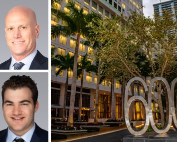 Colliers' Jonathan Kingsley (top) and Zach Smith (bottom), and 600 Brickell in Miami.