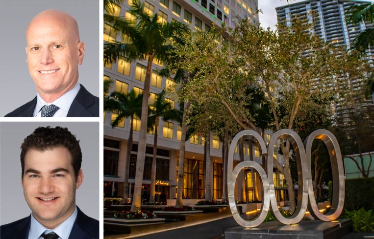 Colliers' Jonathan Kingsley (top) and Zach Smith (bottom), and 600 Brickell in Miami.