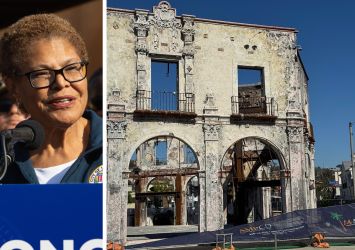 Los Angeles Mayor Karen Bass and commercial properties damaged in the Palisades fire.