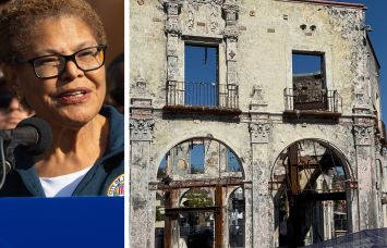 Los Angeles Mayor Karen Bass and commercial properties damaged in the Palisades fire.