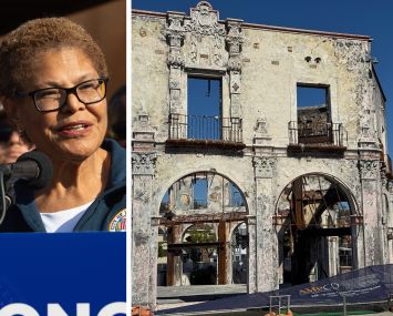 Los Angeles Mayor Karen Bass and commercial properties damaged in the Palisades fire.