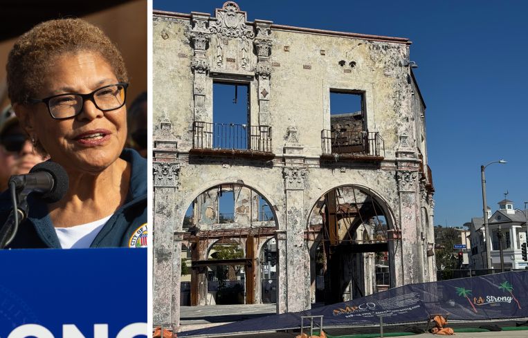 Los Angeles Mayor Karen Bass and commercial properties damaged in the Palisades fire.