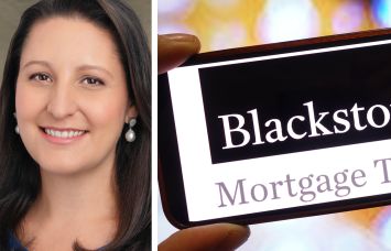 Blackstone Mortgage Trust outgoing CEO Katie Keenan and the Blackstone Mortgage Trust logo.