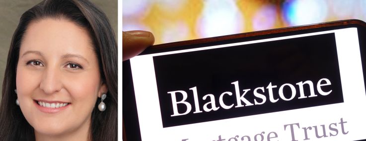 Blackstone Mortgage Trust outgoing CEO Katie Keenan and the Blackstone Mortgage Trust logo.