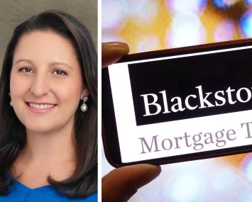 Blackstone Mortgage Trust outgoing CEO Katie Keenan and the Blackstone Mortgage Trust logo.