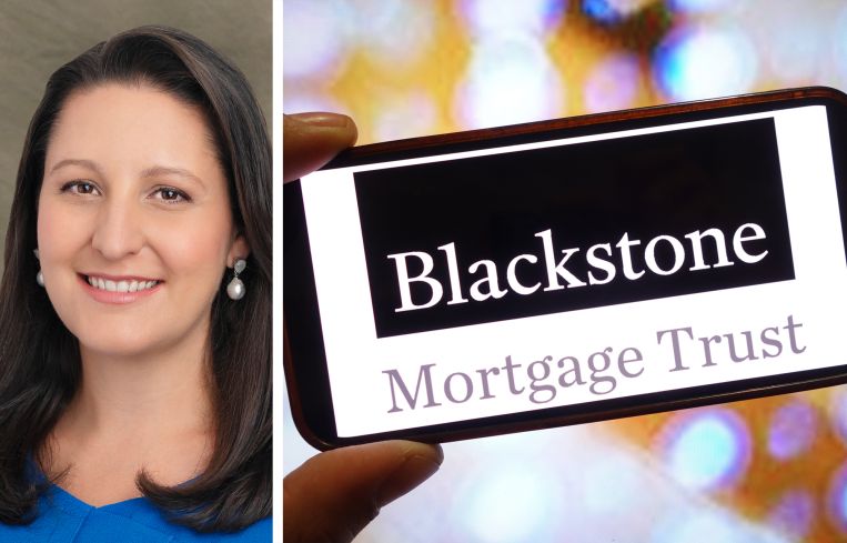 Blackstone Mortgage Trust outgoing CEO Katie Keenan and the Blackstone Mortgage Trust logo.