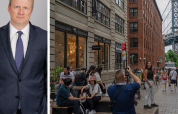 REBNY's Keith DeCoster and a crowd of visitors to Washington Street in Brooklyn's DUMBO neighborhood.