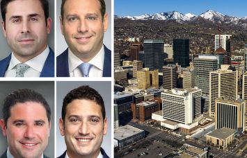 Walker & Dunlop's Keith Kurland (clockwise from top left), Aaron Appel, Adam Schwartz, and Jonathan Schwartz, and the skyline of Salt Lake City.