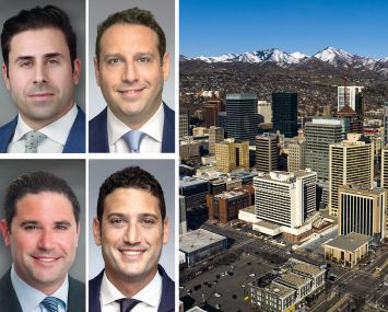 Walker & Dunlop's Keith Kurland (clockwise from top left), Aaron Appel, Adam Schwartz, and Jonathan Schwartz, and the skyline of Salt Lake City.