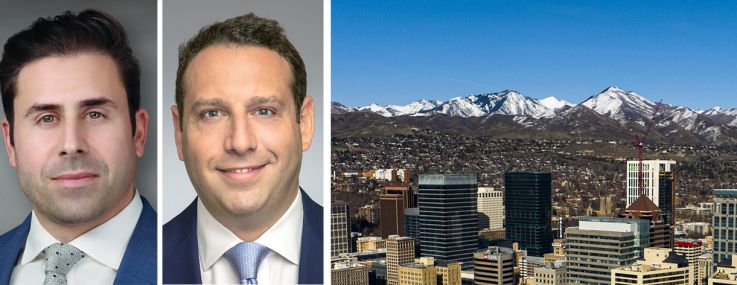 Walker & Dunlop's Keith Kurland (clockwise from top left), Aaron Appel, Adam Schwartz, and Jonathan Schwartz, and the skyline of Salt Lake City.