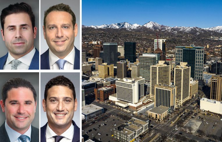 Walker & Dunlop's Keith Kurland (clockwise from top left), Aaron Appel, Adam Schwartz, and Jonathan Schwartz, and the skyline of Salt Lake City.