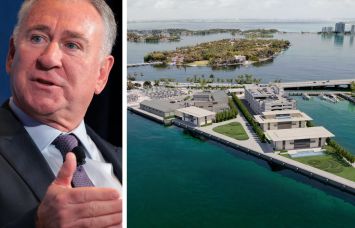 Ken Griffin and a rendering of a proposed marina at 120 MacArthur Causeway in Miami Beach.