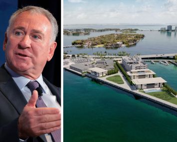 Ken Griffin and a rendering of a proposed marina at 120 MacArthur Causeway in Miami Beach.