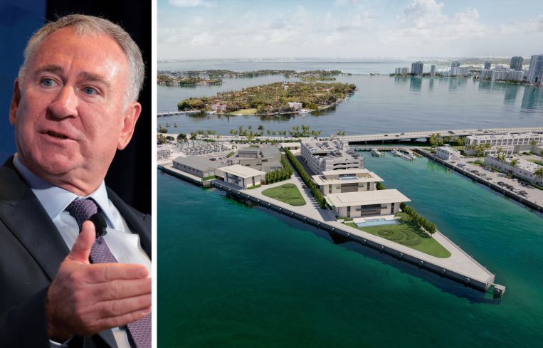 Ken Griffin and a rendering of a proposed marina at 120 MacArthur Causeway in Miami Beach.
