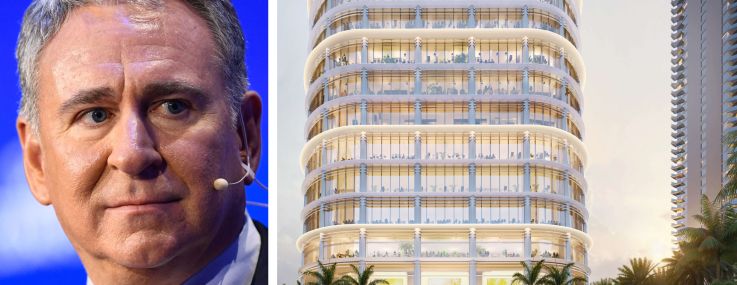 Ken Griffin, founder and CEO of Citadel, and a rendering of Citadel's planned headquarters in Miami.