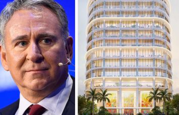 Ken Griffin, founder and CEO of Citadel, and a rendering of Citadel's planned headquarters in Miami.
