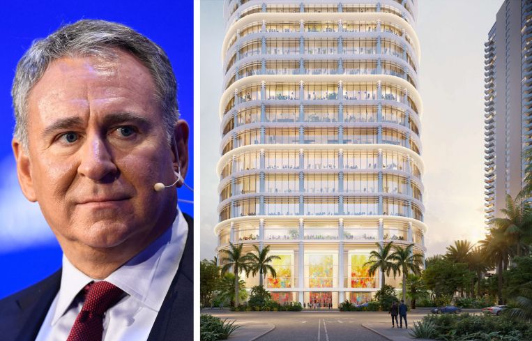 Ken Griffin, founder and CEO of Citadel, and a rendering of Citadel's planned headquarters in Miami.