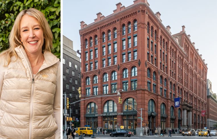 REI CEO Mary Beth Laughton and the Puck Building at 295 Lafayette Street.