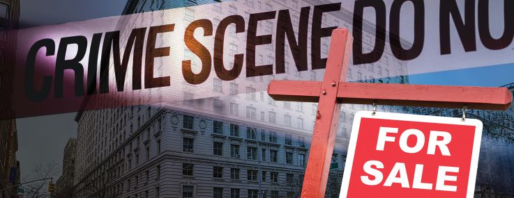 The exterior of the Belnord Apartments with crime scene tape and a for sale sign overlayed on it.