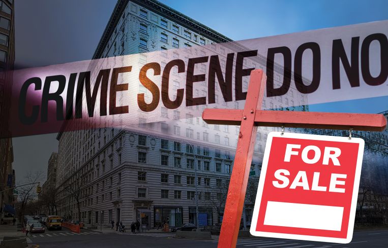 The exterior of the Belnord Apartments with crime scene tape and a for sale sign overlayed on it.