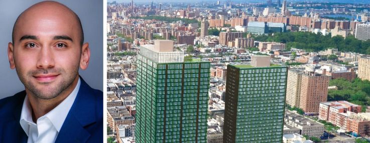 Nir Mor of Hanover Capital and a rendering of the One45 development in Harlem.