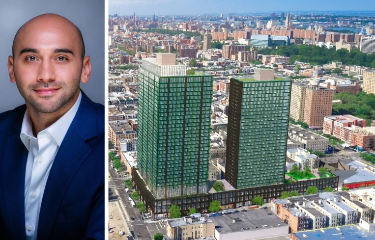 Nir Mor of Hanover Capital and a rendering of the One45 development in Harlem.