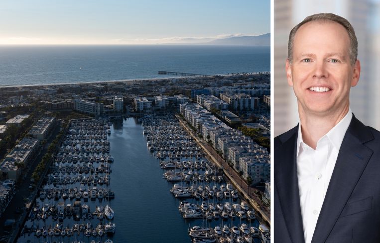 Aerial view of Marina del Rey Marina in Los Angeles, CA. and Bill Huffman, CEO of Nuveen.