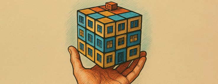 Illustration of a hand holding a Rubik Cube that looks like a building.