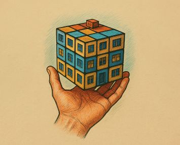 Illustration of a hand holding a Rubik Cube that looks like a building.