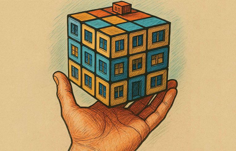Illustration of a hand holding a Rubik Cube that looks like a building.