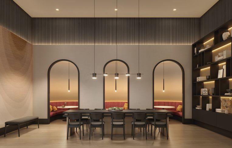 Amenities include a library lounge and other community spaces.