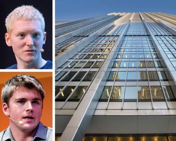 Stripe co-founders Patrick (top) and John Collision, and 28 Liberty Street.