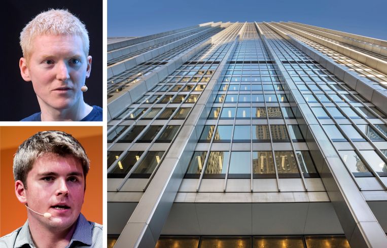 Stripe co-founders Patrick (top) and John Collision, and 28 Liberty Street.