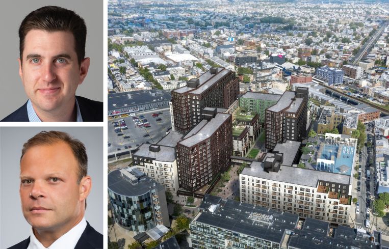 Affinius' Perry Katz (top), Post Brothers' Matthew Pestronk (bottom), and a rendering of Post Brothers' Piazza Alta Phase II project in Philadelphia.