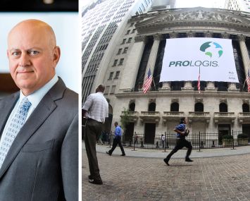 Prologis CEO Hamid Moghadam and a Prologis sign hanging at the New York Stock Exchange.