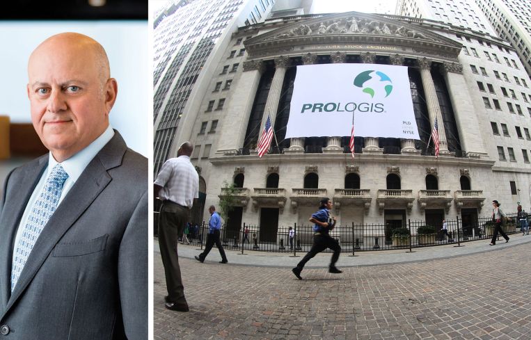 Prologis CEO Hamid Moghadam and a Prologis sign hanging at the New York Stock Exchange.