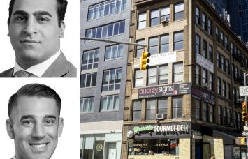 Newmark's Ravi Idnani (top) and Aric Trakhtenberg (bottom), and 600 West 57th Street.