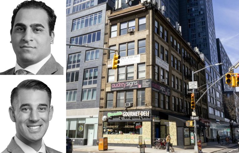 Newmark's Ravi Idnani (top) and Aric Trakhtenberg (bottom), and 600 West 57th Street.