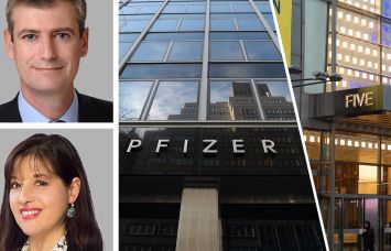 Cushman & Wakefield's Reed Hatcher (top left) and Lori Albert (bottom left), Pfizer's former headquarters at 219-235 East 42nd Street (center) and 5 Times Square (right).