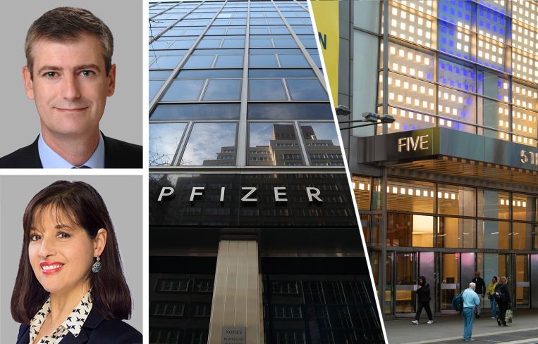Cushman & Wakefield's Reed Hatcher (top left) and Lori Albert (bottom left), Pfizer's former headquarters at 219-235 East 42nd Street (center) and 5 Times Square (right).