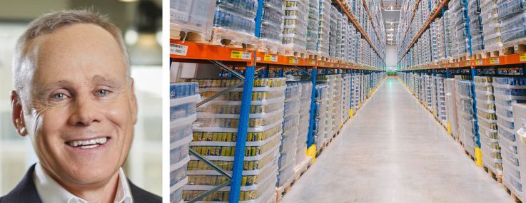 Rexford Industrial Realty co-CEOs Michael Frankel (top) and Howard Schwimmer (bottom) and shelves of goods in a warehouse.