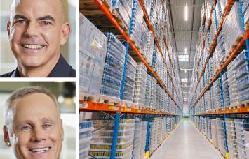 Rexford Industrial Realty co-CEOs Michael Frankel (top) and Howard Schwimmer (bottom) and shelves of goods in a warehouse.